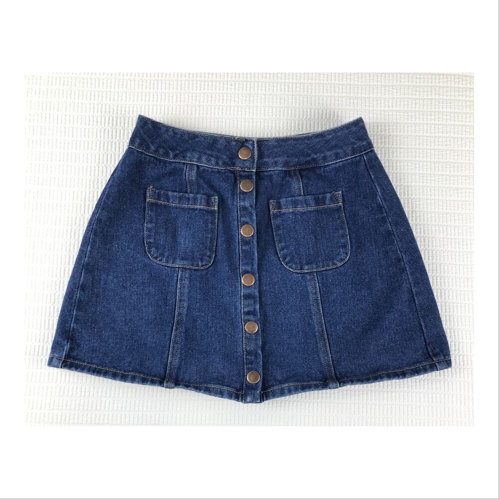 Melville Womens Jean Denim Mini Skirt 0 XS 24 Snap Button Front Dark Blue Pocket